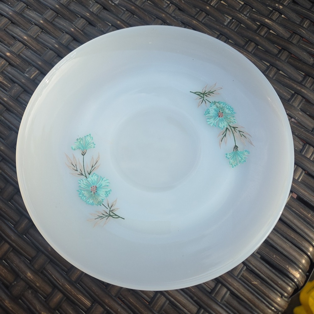 Vintage Fire King Bonnie Blue Carnation Flowers Saucers Milk Glass